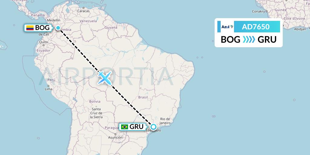 AD7650 Azul Brazilian Airlines Flight Map: Bogota to Sao Paulo