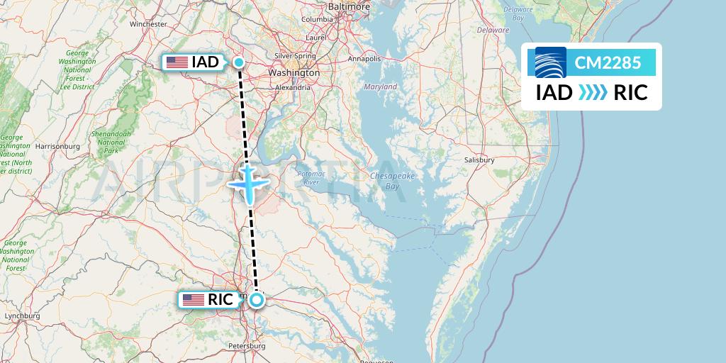 CM2285 Copa Airlines Flight Map: Washington to Richmond