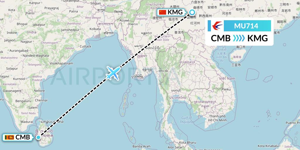 MU714 China Eastern Airlines Flight Map: Colombo to Kunming