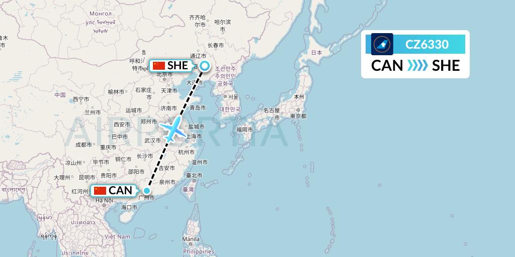 CZ6330 China Southern Airlines Flight Map: Guangzhou to Shenyang