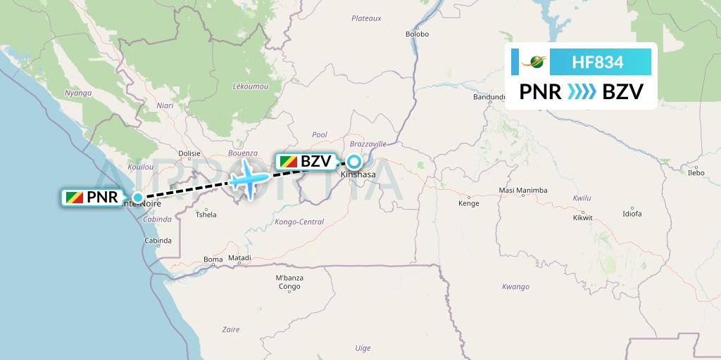 HF834 Air Cote d'Ivoire Flight Map: Pointe Noire to Brazzaville