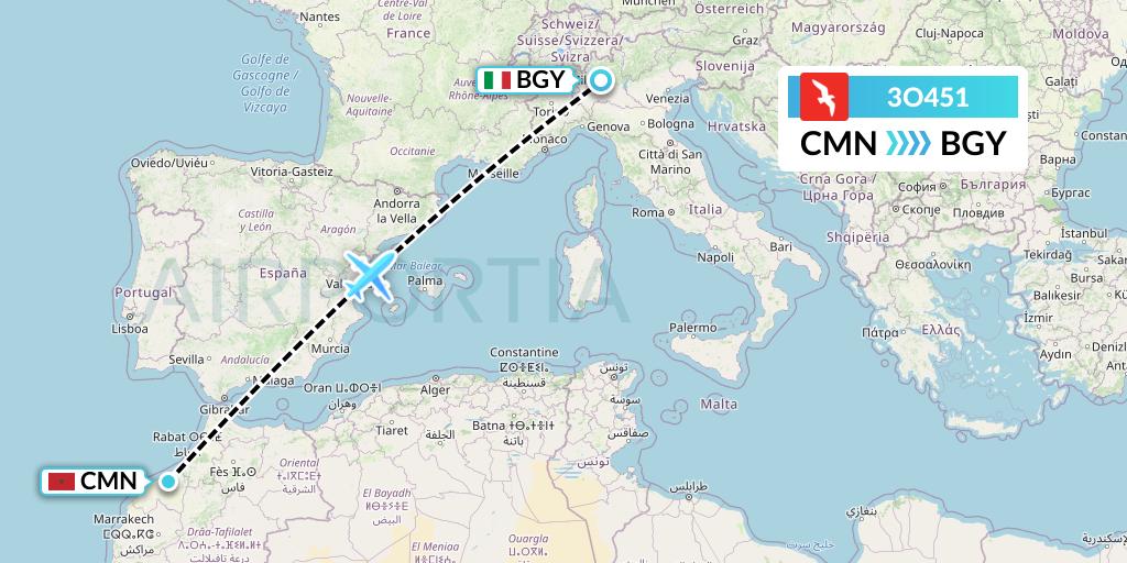 3O451 Air Arabia Maroc Flight Map: Casablanca to Milan