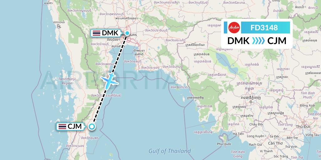 FD3148 Thai AirAsia Flight Map: Bangkok to Chumphon
