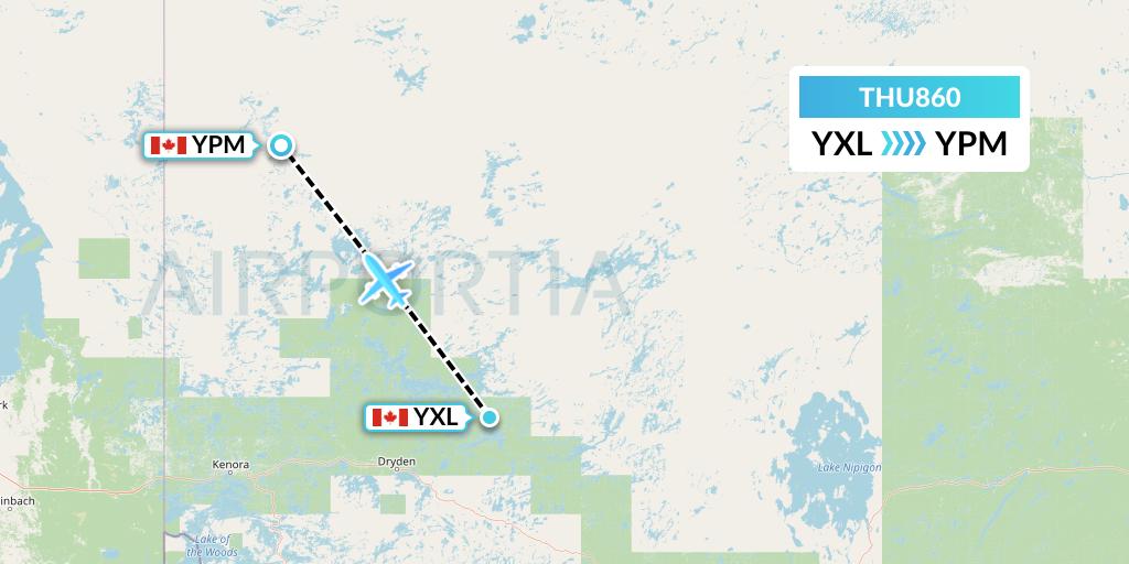 THU860 Thunder Airlines Flight Map: Sioux Lookout to Pikangikum