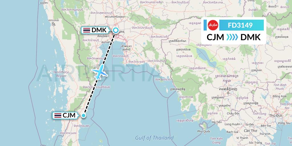 FD3149 Thai AirAsia Flight Map: Chumphon to Bangkok