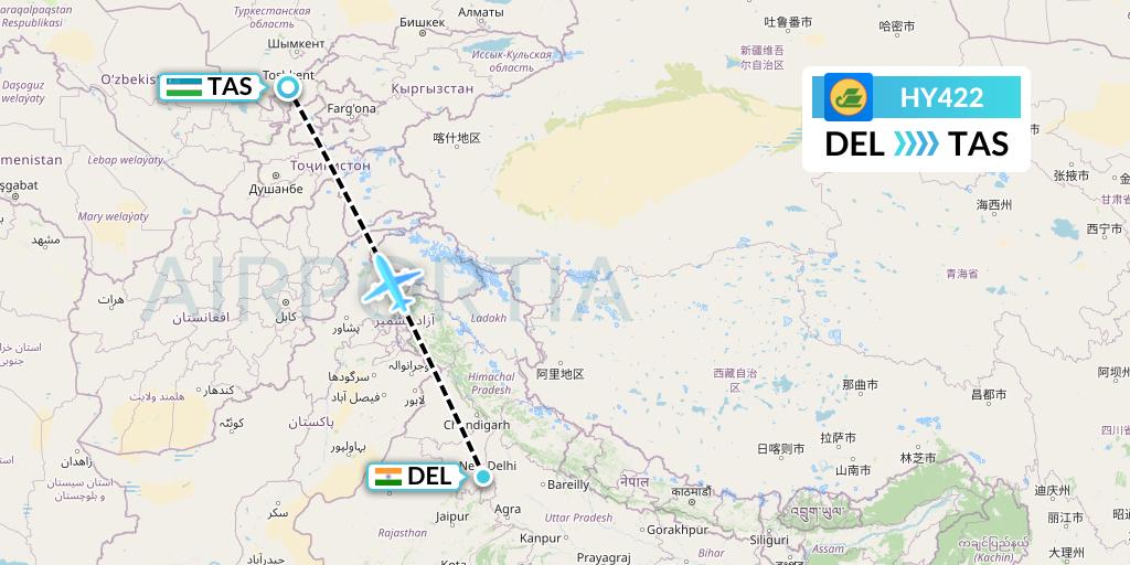 HY422 Uzbekistan Airways Flight Map: Delhi to Tashkent