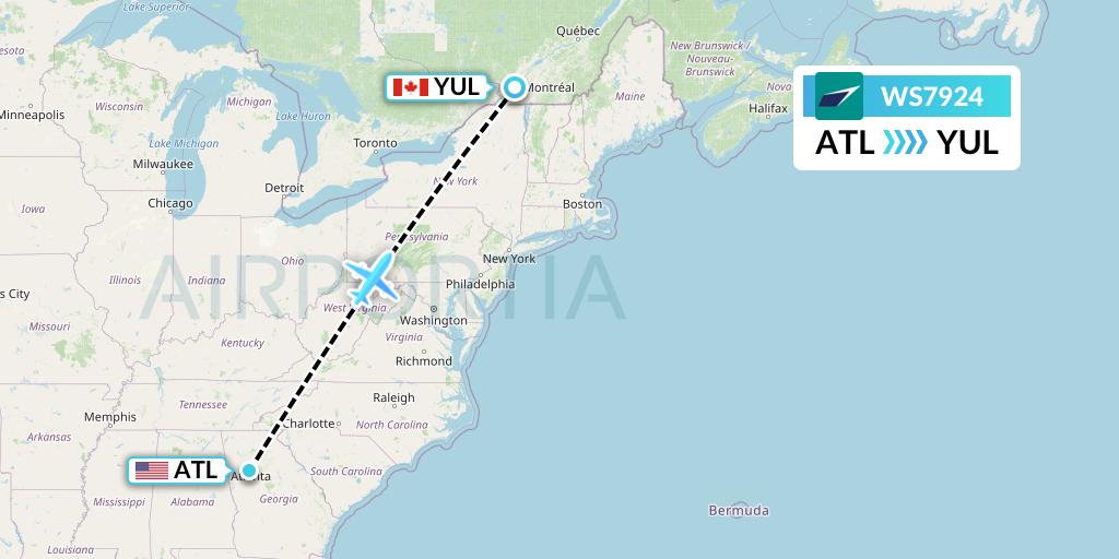 WS7924 WestJet Flight Map: Atlanta to Montreal