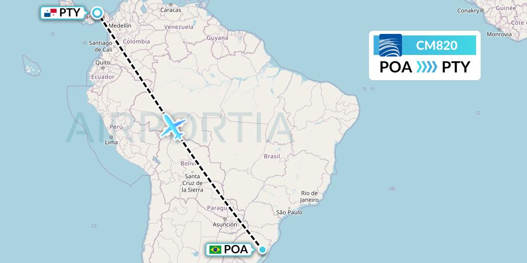 CM820 Copa Airlines Flight Map: Porto Alegre to Panama City