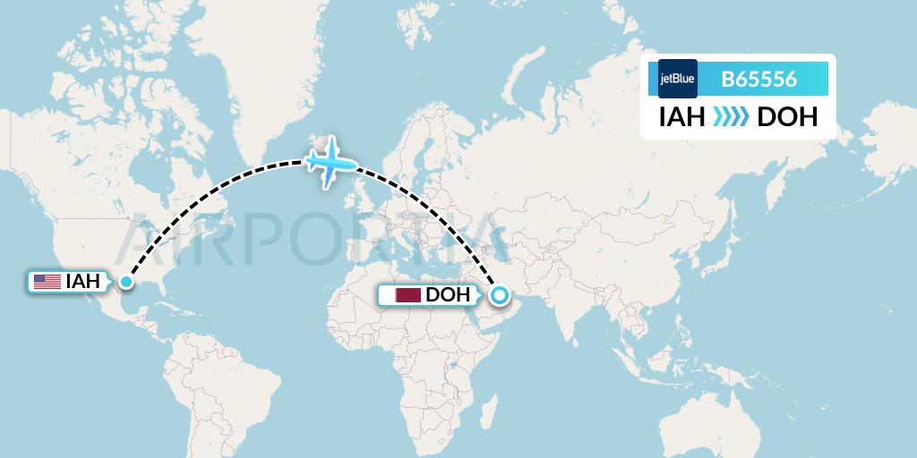 B65556 JetBlue Airways Flight Map: Houston to Doha
