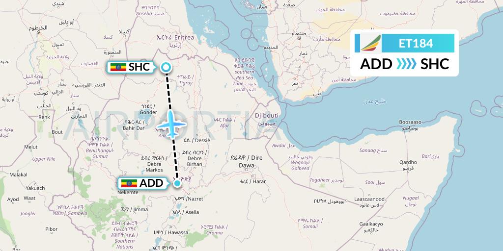 ET184 Ethiopian Airlines Flight Map: Addis Ababa to Shire Indasilase