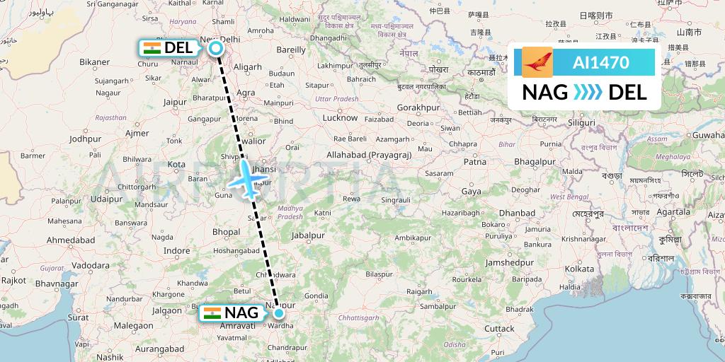 AI1470 Air India Flight Map: Nagpur to Delhi