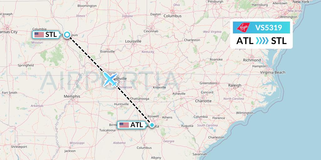 VS5319 Virgin Atlantic Airways Flight Map: Atlanta to St. Louis