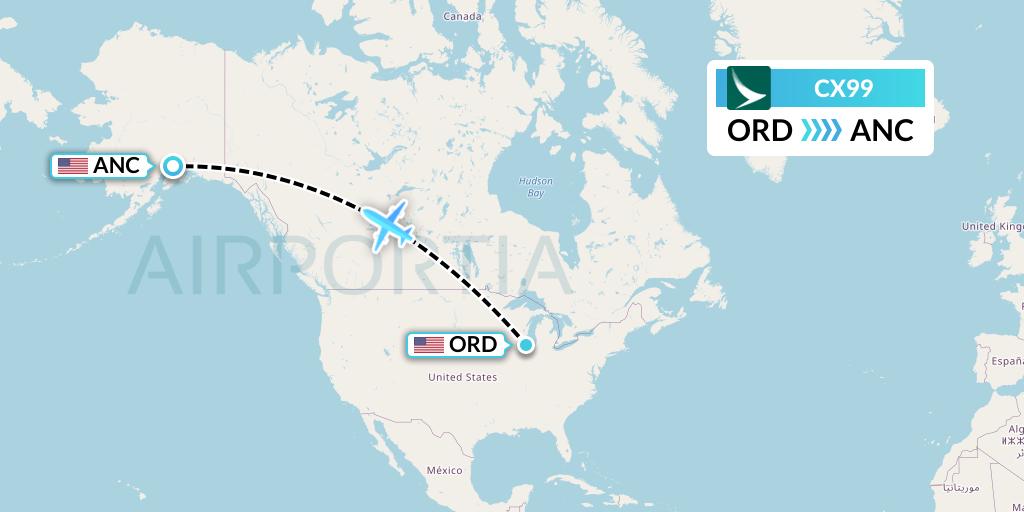 CX99 Cathay Pacific Flight Map: Chicago to Anchorage