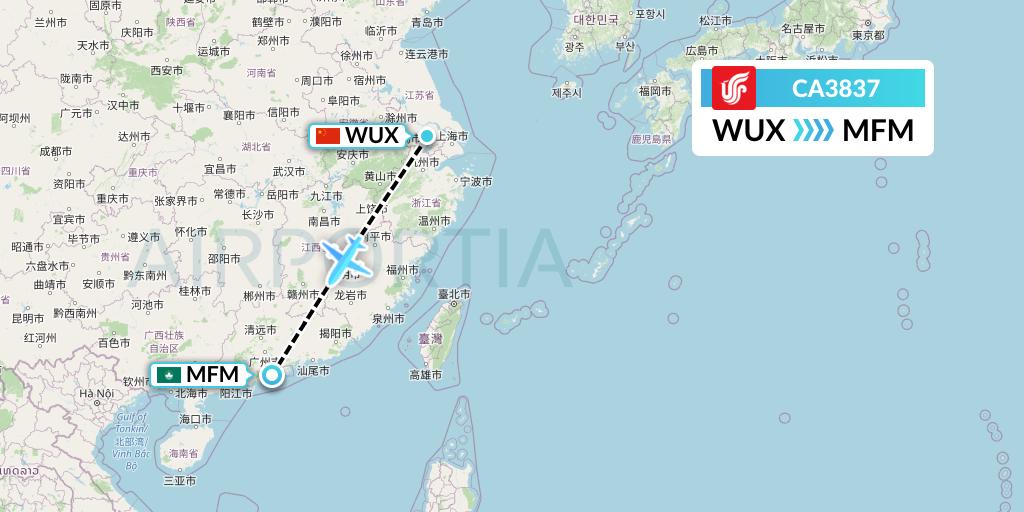 CA3837 Air China Flight Map: Wuxi to Macau