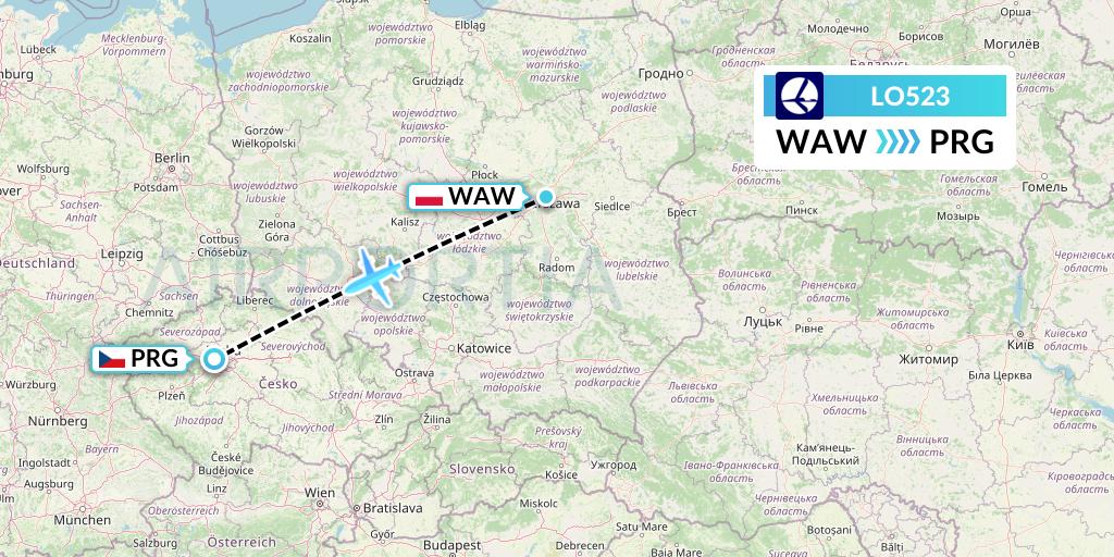 LO523 LOT Flight Map: Warsaw to Prague