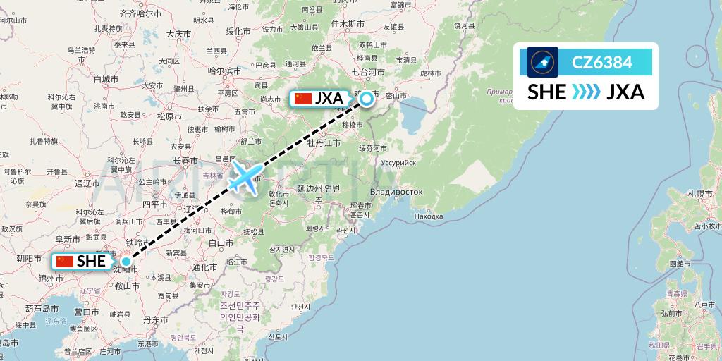 CZ6384 China Southern Airlines Flight Map: Shenyang to Jixi