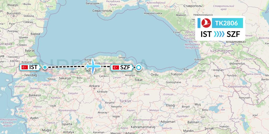 TK2806 Turkish Airlines Flight Map: Istanbul to Samsun