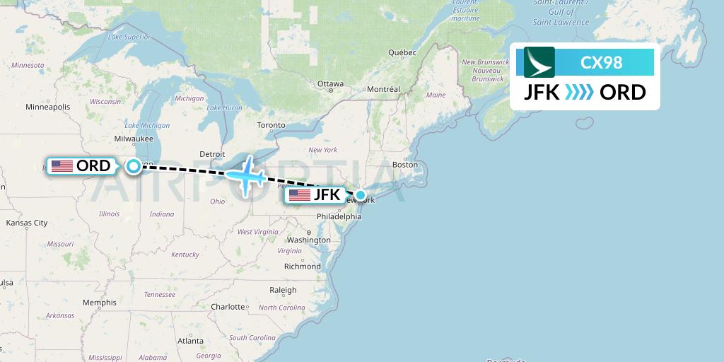 CX98 Cathay Pacific Flight Map: New York to Chicago