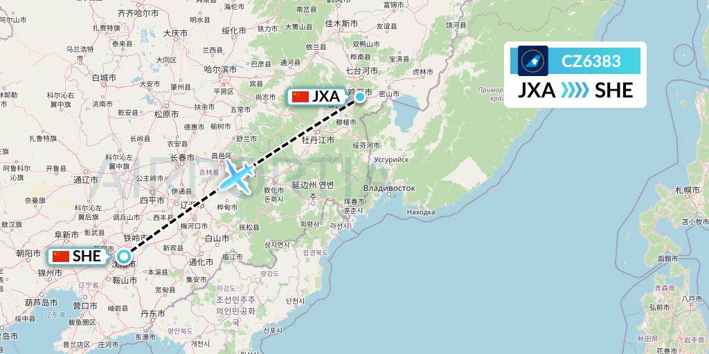 CZ6383 China Southern Airlines Flight Map: Jixi to Shenyang