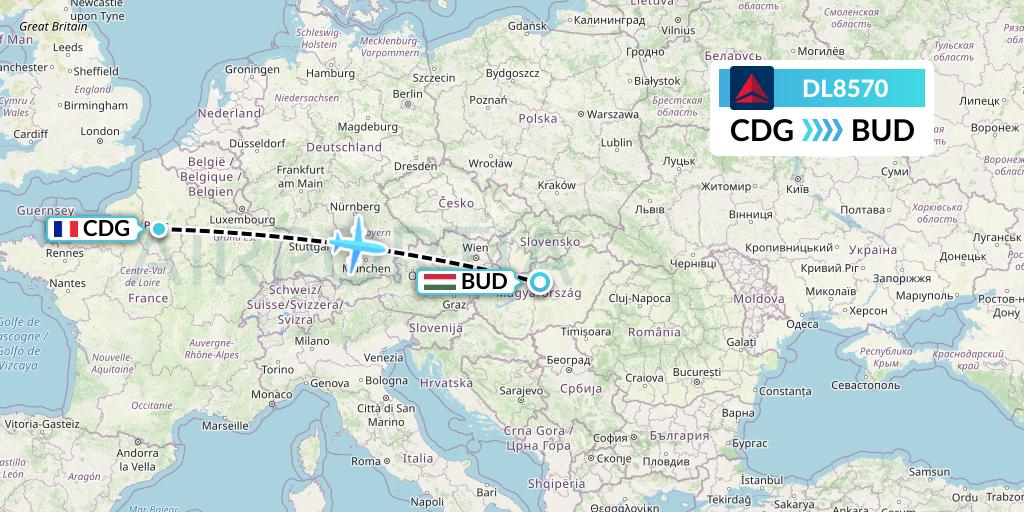 DL8570 Delta Air Lines Flight Map: Paris to Budapest