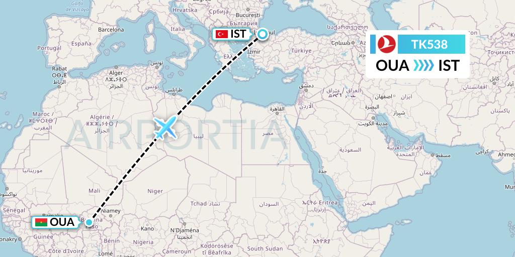 TK538 Turkish Airlines Flight Map: Ouagadougou to Istanbul