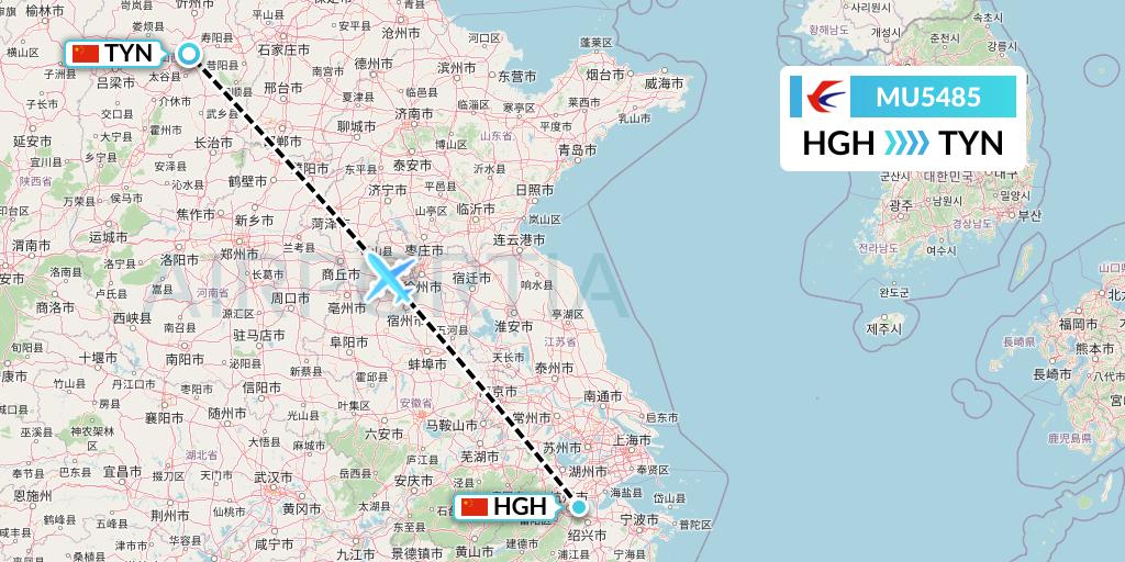 MU5485 China Eastern Airlines Flight Map: Hangzhou to Taiyuan
