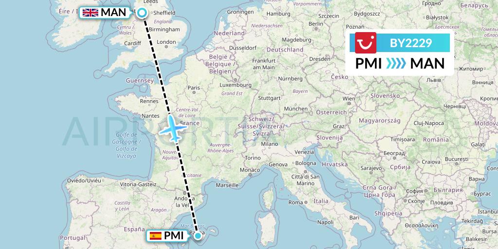 BY2229 TUI Airways Flight Map: Palma de Mallorca to Manchester