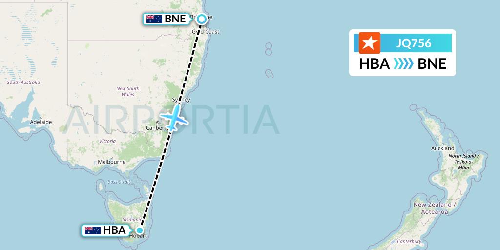 JQ756 Jetstar Airways Flight Map: Hobart to Brisbane