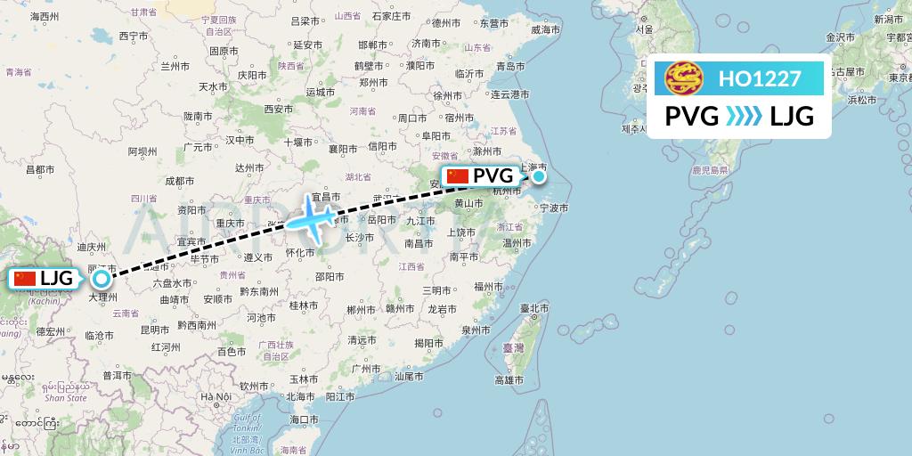 HO1227 Juneyao Airlines Flight Map: Shanghai to Lijiang