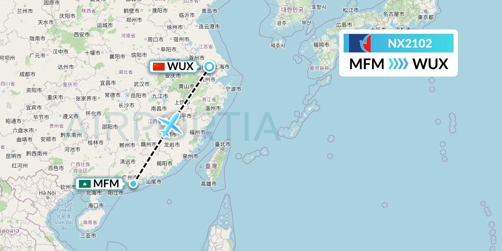NX2102 Air Macau Flight Map: Macau to Wuxi