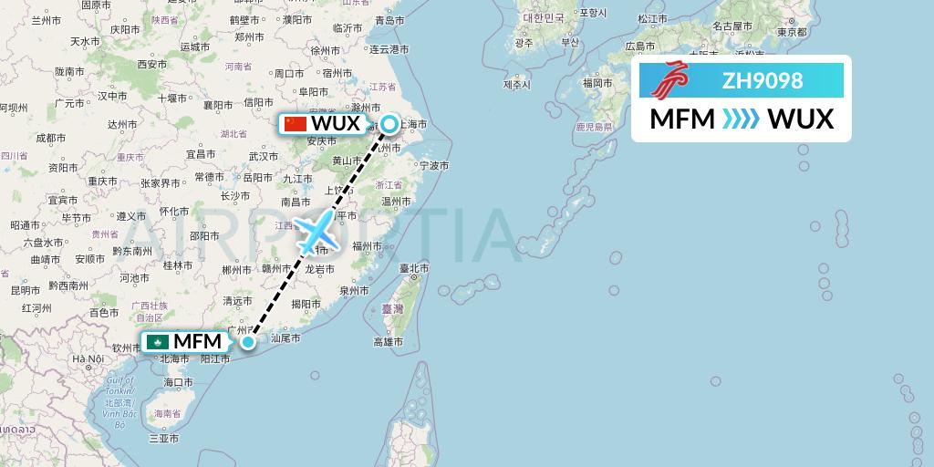 ZH9098 Shenzhen Airlines Flight Map: Macau to Wuxi