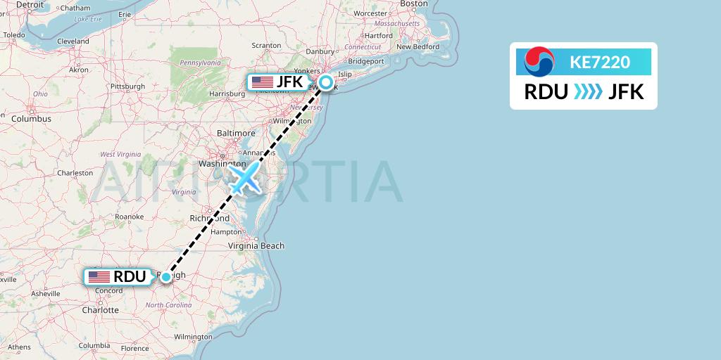 KE7220 Korean Air Flight Map: Raleigh-Durham to New York