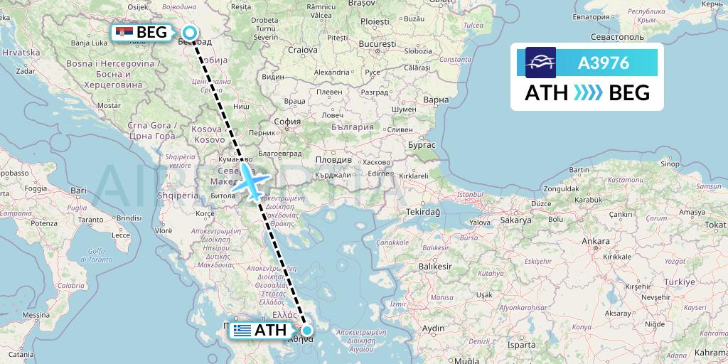 A3976 Aegean Airlines Flight Map: Athens to Belgrade