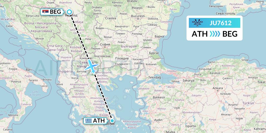 JU7612 AirSERBIA Flight Map: Athens to Belgrade
