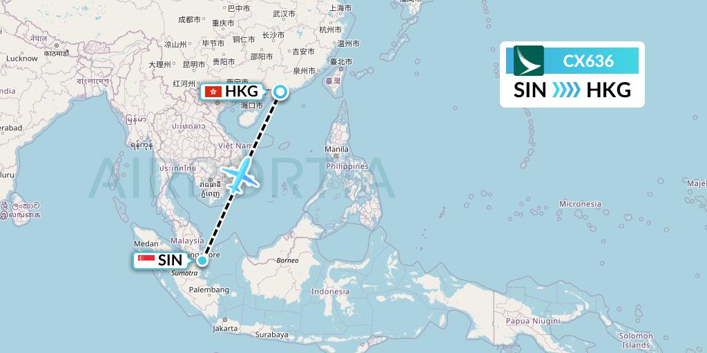 CX636 Cathay Pacific Flight Map: Singapore to Hong Kong