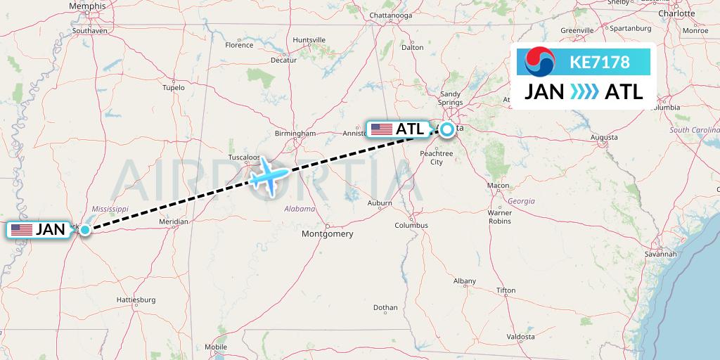 KE7178 Korean Air Flight Map: Jackson to Atlanta