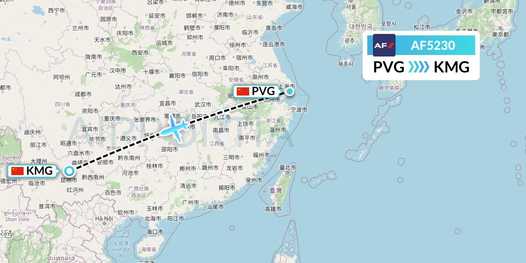 AF5230 Air France Flight Map: Shanghai to Kunming