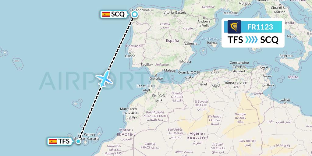 FR1123 Ryanair Flight Map: Tenerife to Santiago