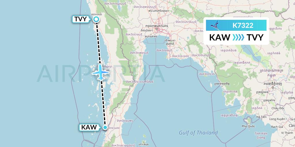 K7322 Air KBZ Flight Map: Kawthaung to Dawei