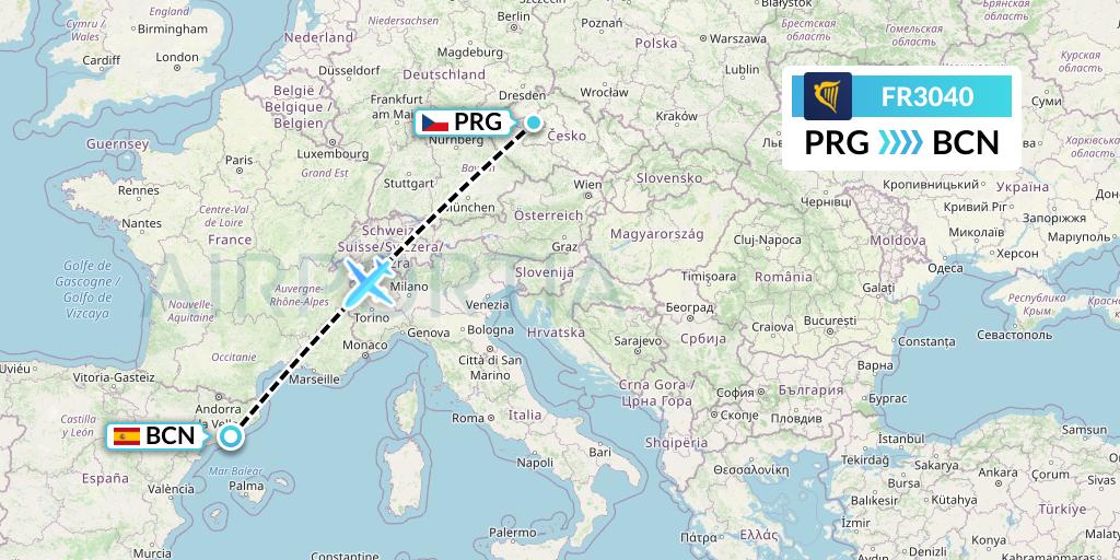 FR3040 Ryanair Flight Map: Prague to Barcelona