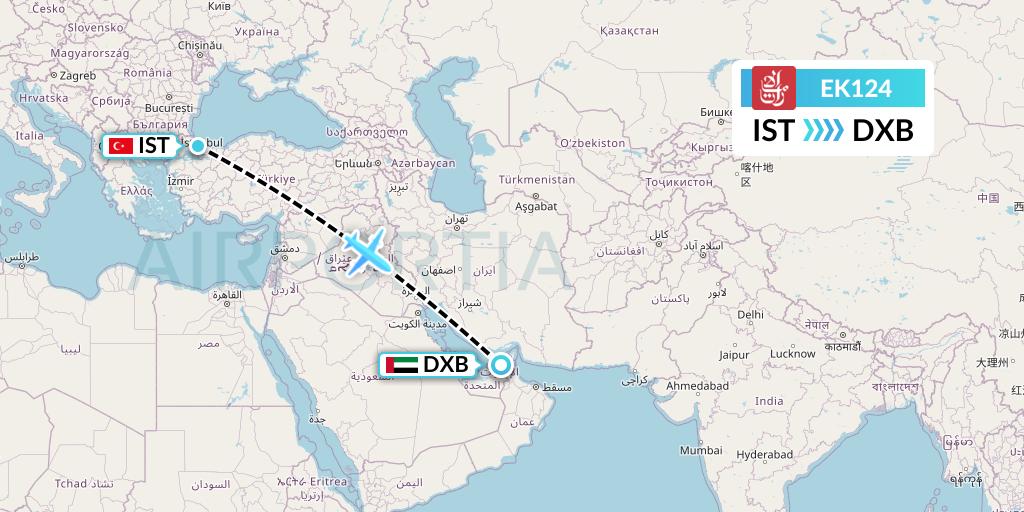 EK124 Emirates Flight Map: Istanbul to Dubai