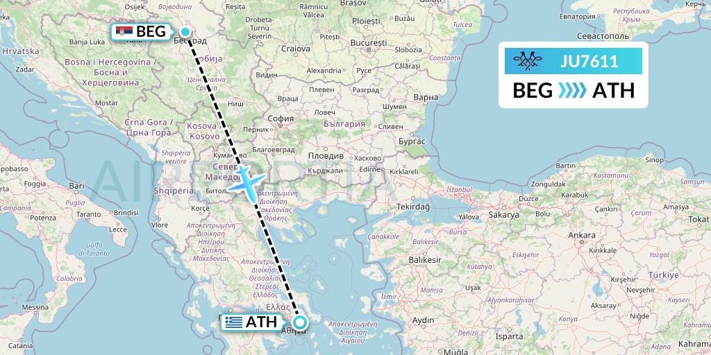 JU7611 AirSERBIA Flight Map: Belgrade to Athens