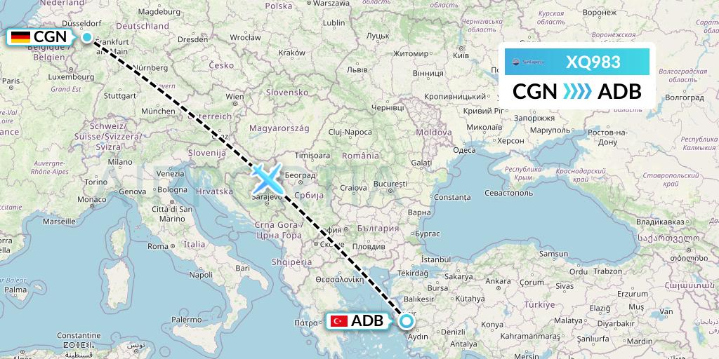 XQ983 SunExpress Flight Map: Cologne to Izmir