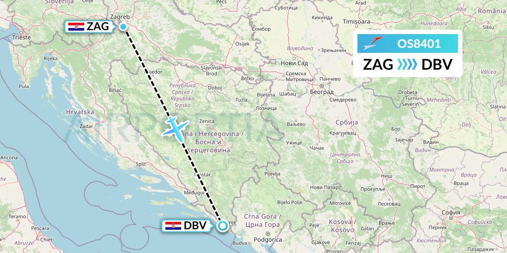 OS8401 Austrian Airlines Flight Map: Zagreb to Dubrovnik