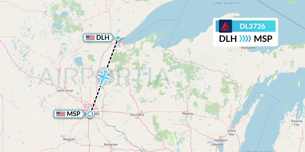 DL3726 Delta Air Lines Flight Map: Duluth to Minneapolis