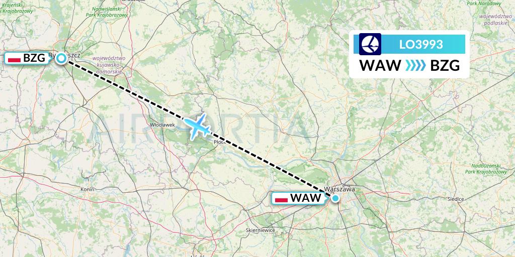 LO3993 LOT Flight Map: Warsaw to Bydgoszcz