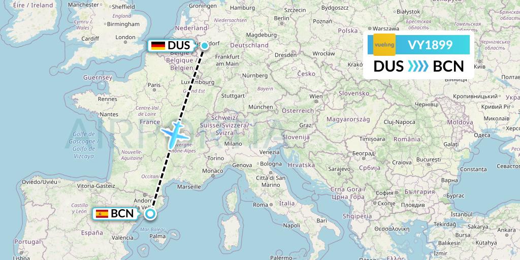 VY1899 Vueling Flight Map: Dusseldorf to Barcelona