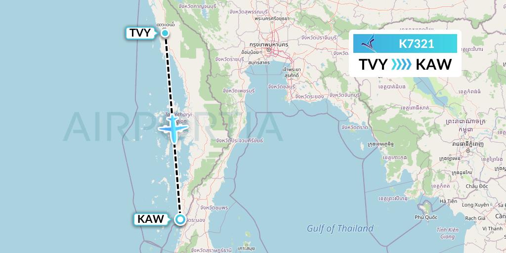 K7321 Air KBZ Flight Map: Dawei to Kawthaung