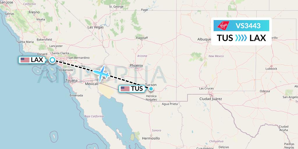 VS3443 Virgin Atlantic Airways Flight Map: Tucson to Los Angeles