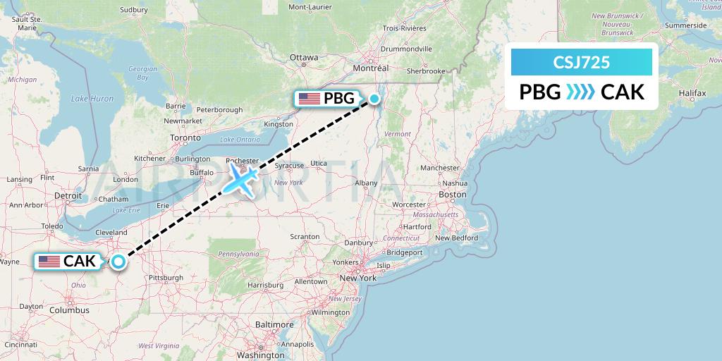 CSJ725 Castle Aviation Flight Map: Plattsburgh to Akron
